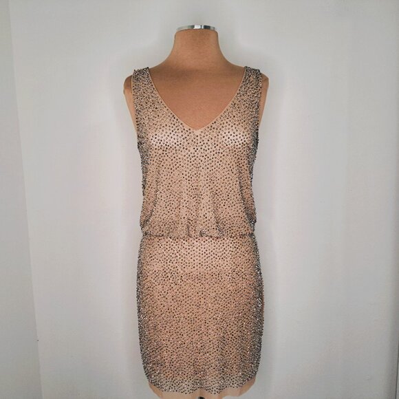 Cache Women Mini Party Dress Beaded Sleeveless Tan/Silver Color Size 6 - Picture 1 of 10